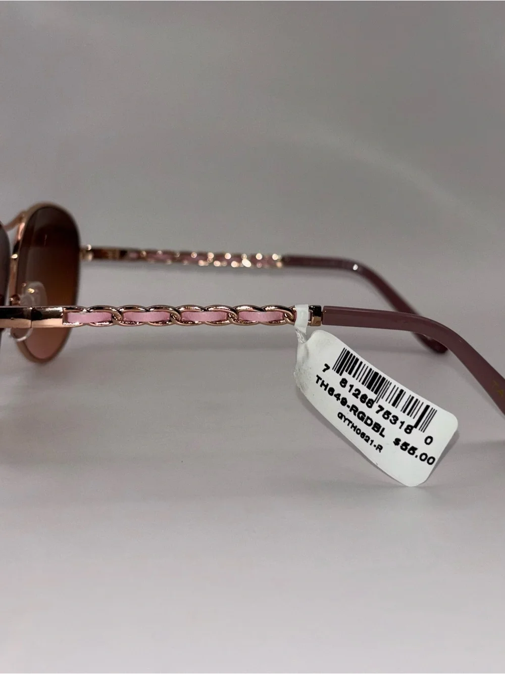 NWT Tahari Aviator Sunglasses Rose Gold Pink Chain Detail Brown Gradient